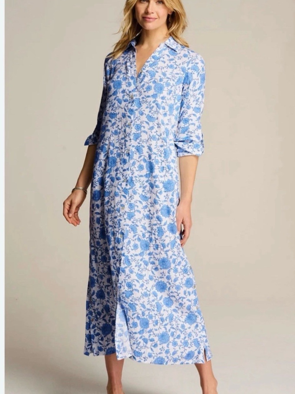 J. Jill Blue White Floral Linen Blend Shirt Dress XL Petite Button Front Midi